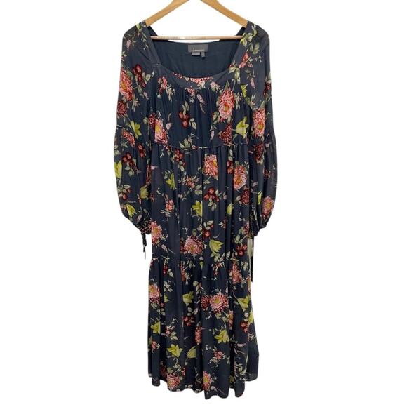 Anthropologie Gray Evelin Floral Tiered Maxi Dress Medium Sheer Long Sleeve - Picture 2 of 7